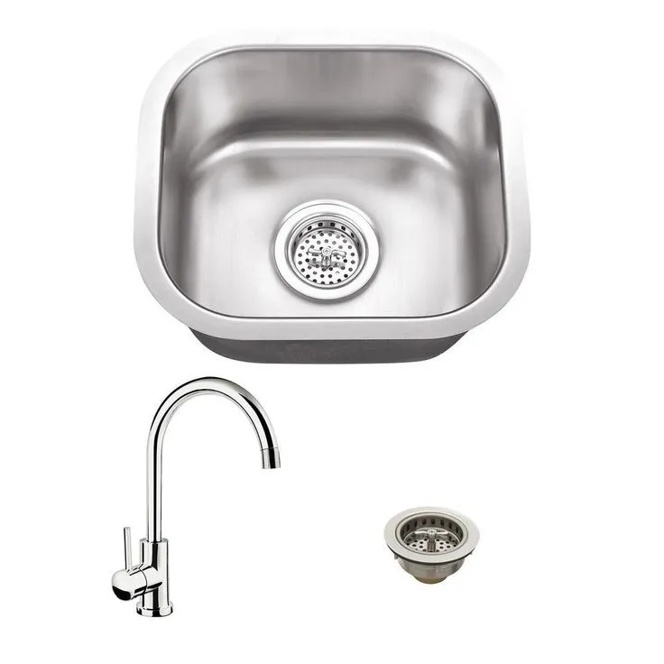 All-in-One Undermount Stainless Steel 15 in. Single Bowl Bar Sink with Polished Chrome Gooseneck Kitchen Faucet, photo 4 of 5