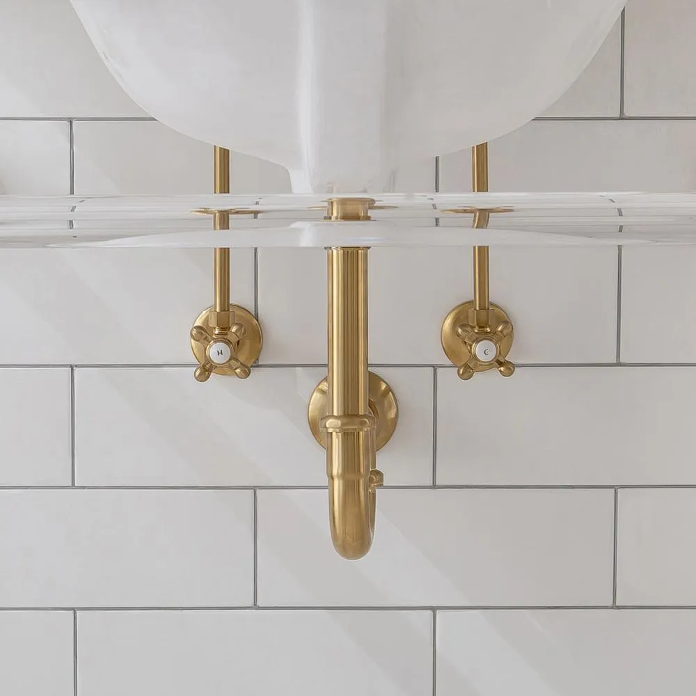 Water Creation Empire 30 in. Acrylic Wash Stand with Satin Brass P-Trap Kit, Faucet, Marble Counter Top, and White Basin, photo 8 of 8