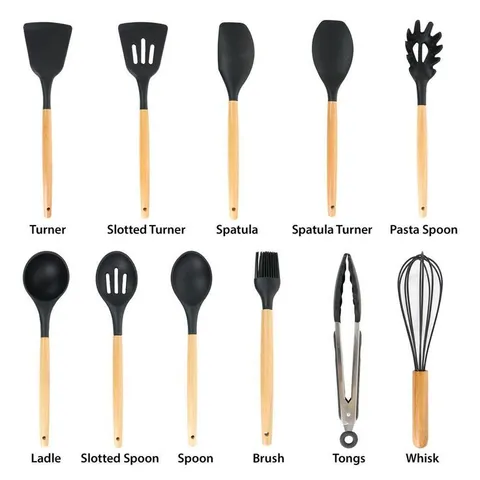 Black Silicone and Wood Cooking Utensils (Set of 12)