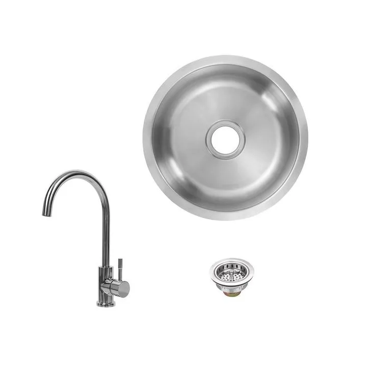 All-in-1 Undermount 18-Gauge Stainless Steel 16 in. 0-Hole Round Single Bowl Bar Sink with Gooseneck Kitchen Faucet, photo 6 of 6