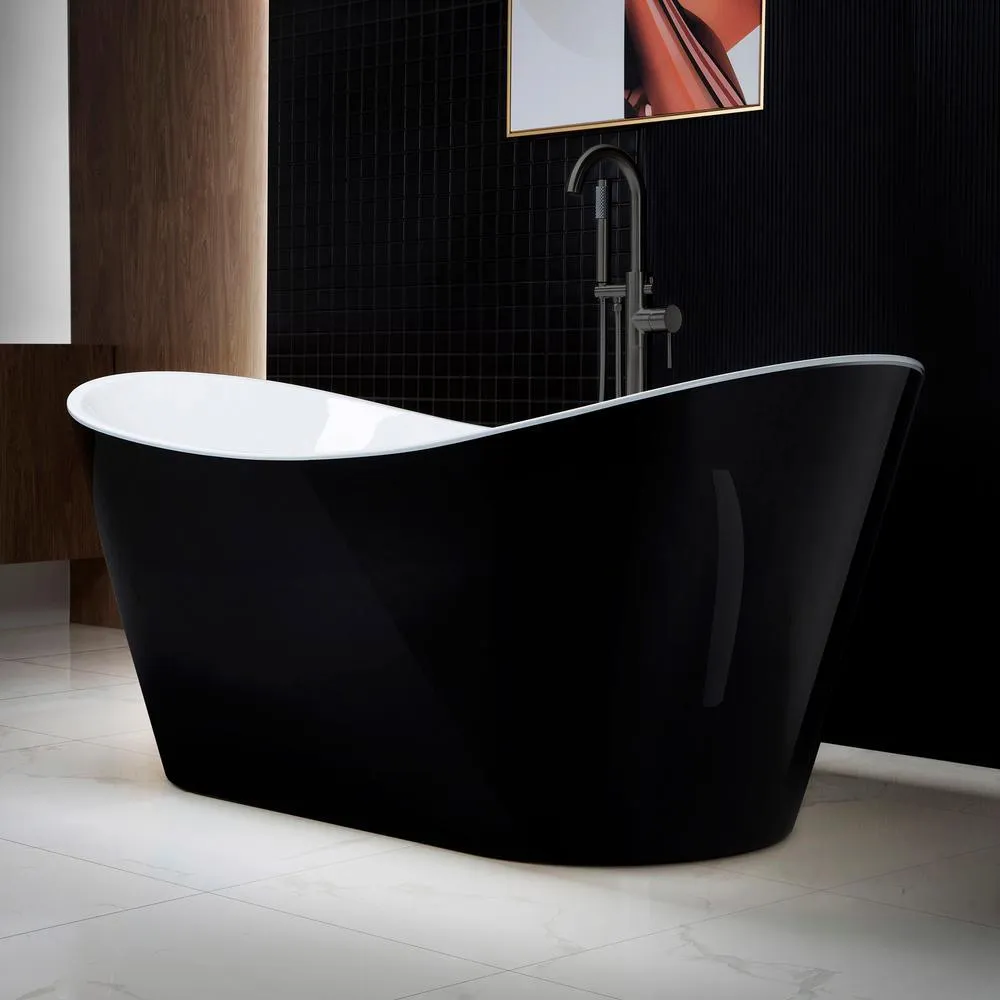 WOODBRIDGE Rolande 67 in. Acrylic Freestanding Double Slipper Soaking Bathtub with Center Drain and Overflow, Black, photo 3 of 7