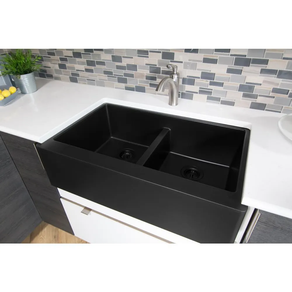 Farmhouse Apron Front Quartz Composite 34 in. Double Bowl Kitchen Sink in Black, photo 15 of 20