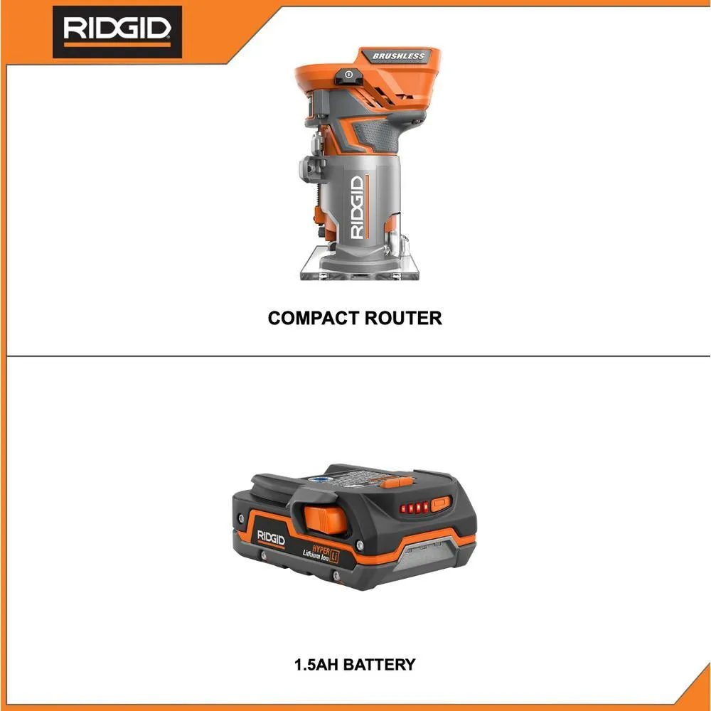 RIDGID 18-Volt Cordless Brushless 1/4 in. Compact Router with 1.5 Ah Lithium-Ion Battery, photo 2 of 13