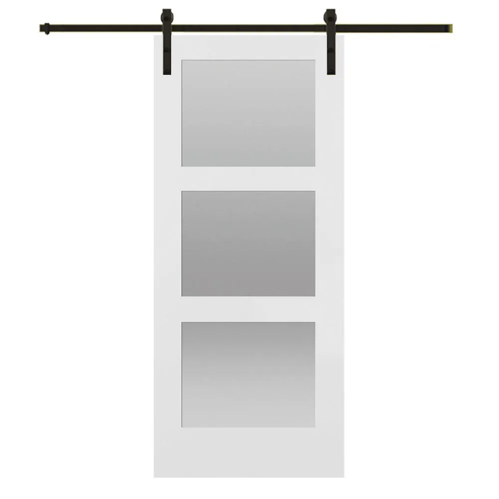 MMI Door 42 in. x 84 in. Shaker 3-Lite Frosted Glass Primed MDF Sliding Barn Door with Bent Strap Hardware Kit, photo 8 of 10