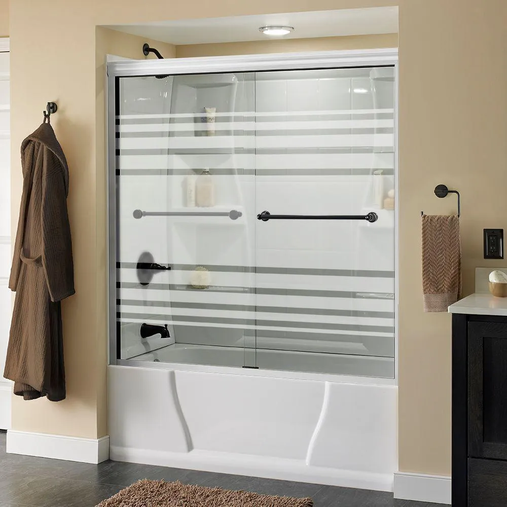 Crestfield 60 in. x 58-1/8 in. Semi-Frameless Traditional Sliding Bathtub Door in Bronze with Transition Glass, photo 56 of 67