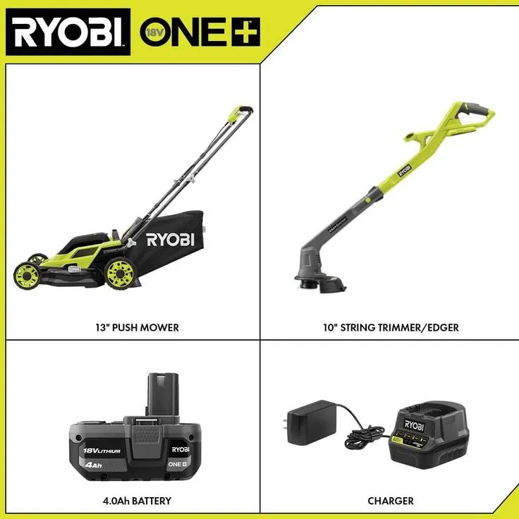 RYOBI 13 in. ONE+ 18-Volt Lithium-Ion Battery Walk Behind Push Lawn Mower & String Trimmer - 4.0 Ah Battery/Charger Included, photo 4 of 7