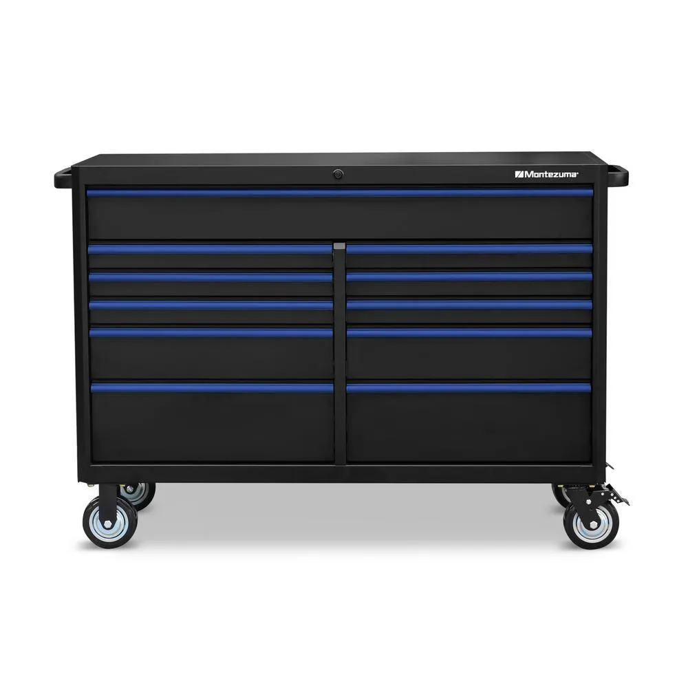 Montezuma 56 in. x 24 in. 11-Drawer Roller Cabinet Tool Chest with Power and USB Outlets in Black and Blue, photo 6 of 12