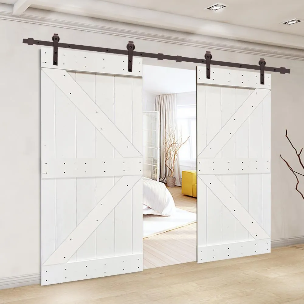 CALHOME Distressed K Series 36 in. x 84 in. White Stained Solid Pine Wood Double Interior Sliding Barn Door with Hardware Kit, photo 4 of 7