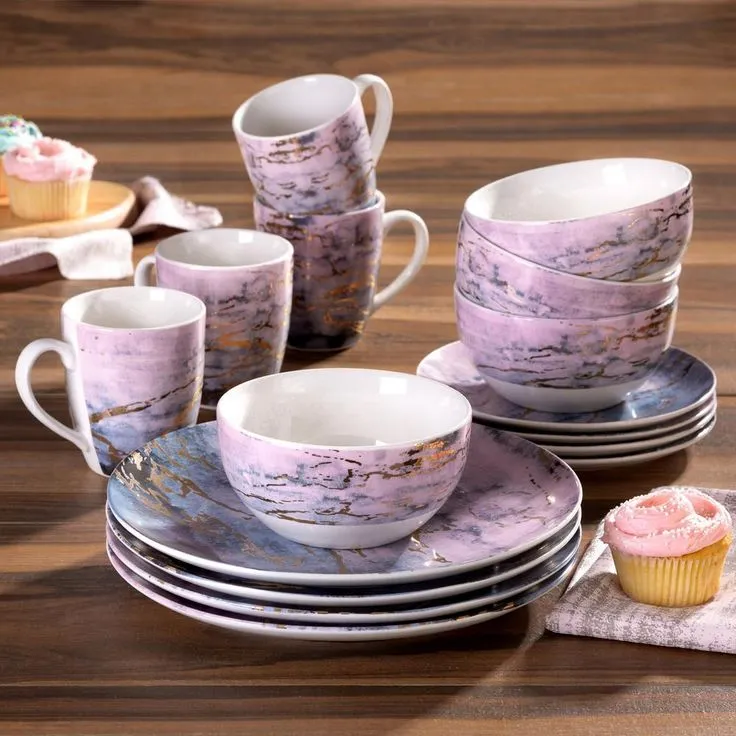 16-Piece Casual Purple and Gold Ceramic Dinnerware Set (Service for 4), photo 5 of 5