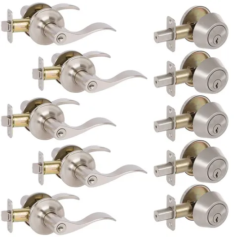 5-Bennett Satin Nickel Entry Door Levers and 5-Satin Nickel Single Cylinder Deadbolt All Keyed Alike