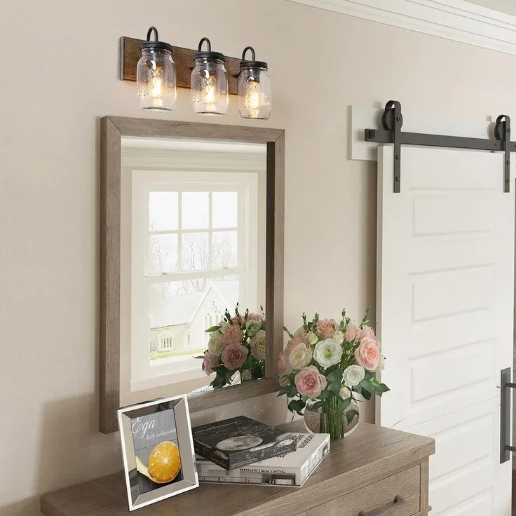 Vanity Araphi 3-Light Black Modern Farmhouse Metal Bathroom Wall Sconce with Walnut Wood Accents LED Compatible, photo 3 of 10