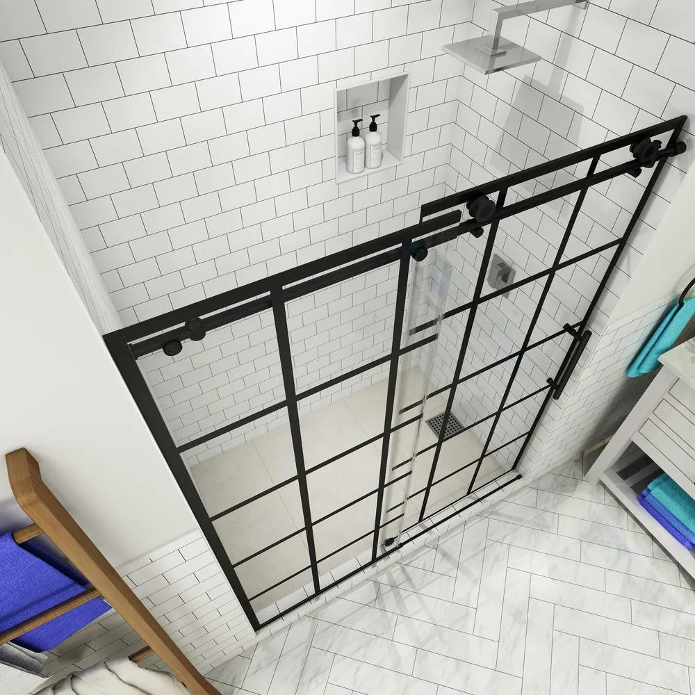 Kamaya 56 - 60 in. x 76 in. Completely Frameless Sliding Shower Door in Matte Black, Right Opening, photo 2 of 8