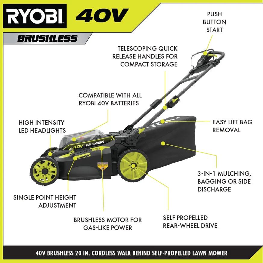 RYOBI 20 in. 40V Brushless Self-Propelled Cordless Lawn Mower Kit (6.0Ah Battery & Charger Included), photo 2 of 8