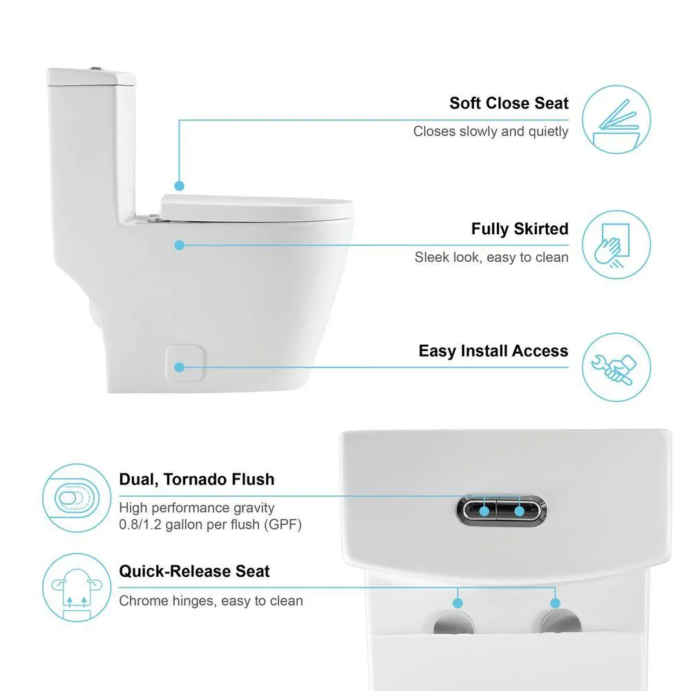 HOROW 1-Piece Dual Flush 1.2 GPF/0.8 GPF Elongated High Efficiency Skirted Toilet All-in-One Toilet in White Seat Included, photo 7 of 9