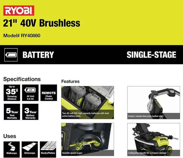 RYOBI 21 in. 40-Volt Brushless Cordless Electric Snow Blower with Two 5.0 Ah Batteries and Charger Included, photo 6 of 8