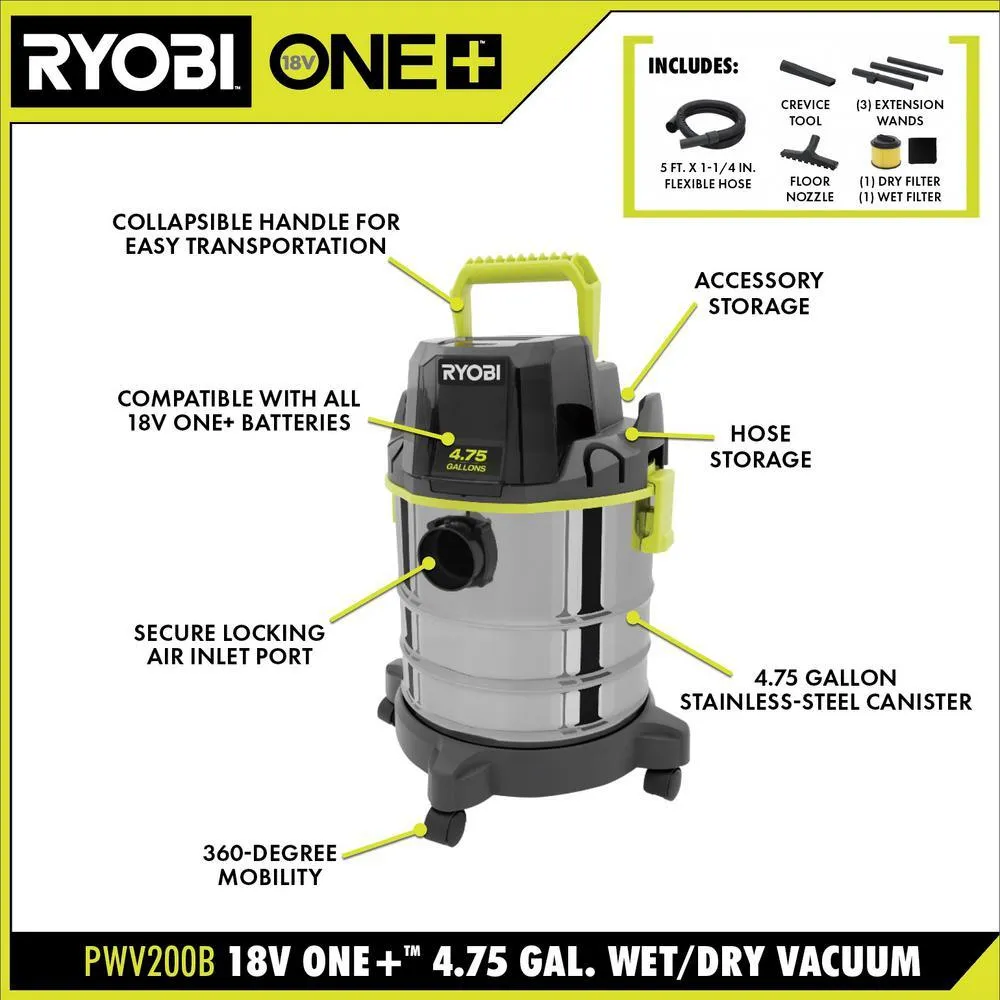 ONE+ 18V Cordless 4.75 Gallon Wet/Dry Vacuum (Tool Only) with Hose, Crevice Tool, Floor Nozzle, and Extension Wands, photo 3 of 15