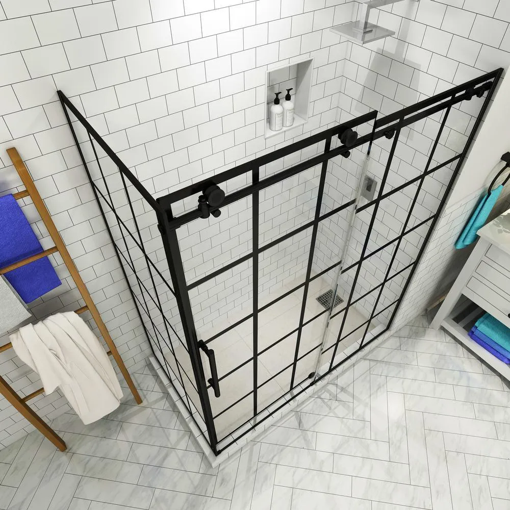 Kamaya 56 in. - 60 in. x 33.875 in. x 76 in. Frameless Sliding Shower Enclosure in Matte Black, Left Open, photo 2 of 8