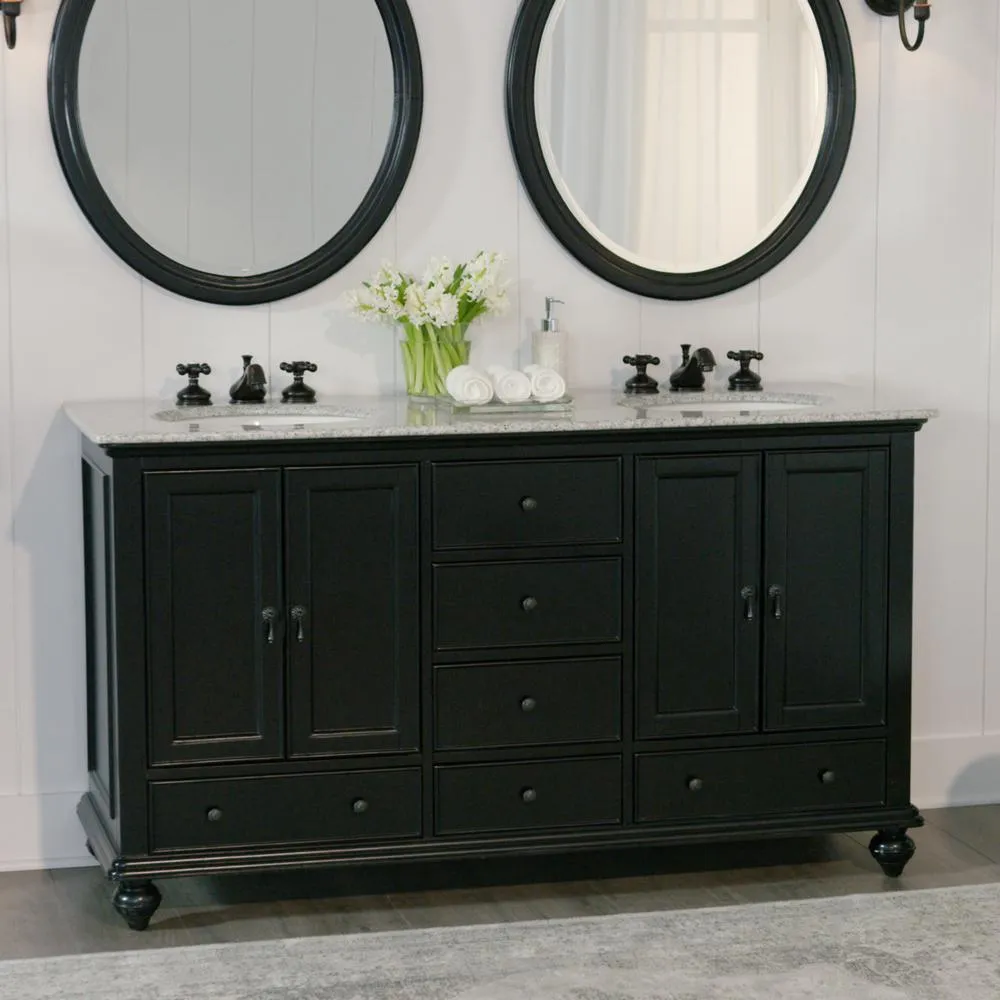 Newport 61 in. W x 21-1/2 in. D Double Bath Vanity in Black with Granite Vanity Top in Gray, photo 2 of 10