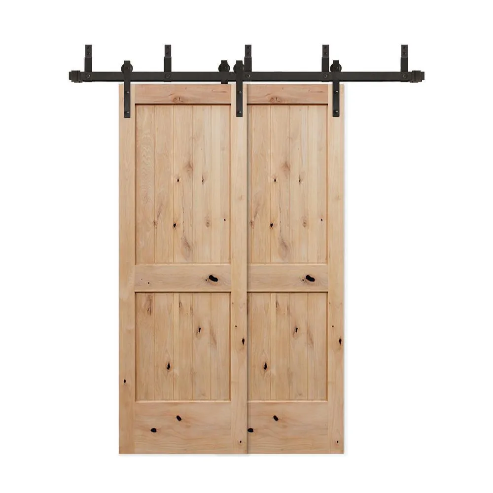 Pacific Entries 60in.x80in.Bypass Rustic Unf 2-PNL V-Groove Solid Core Knotty Alder Wood Sliding Barn Door with Bronze Hardware Kit, photo 6 of 6