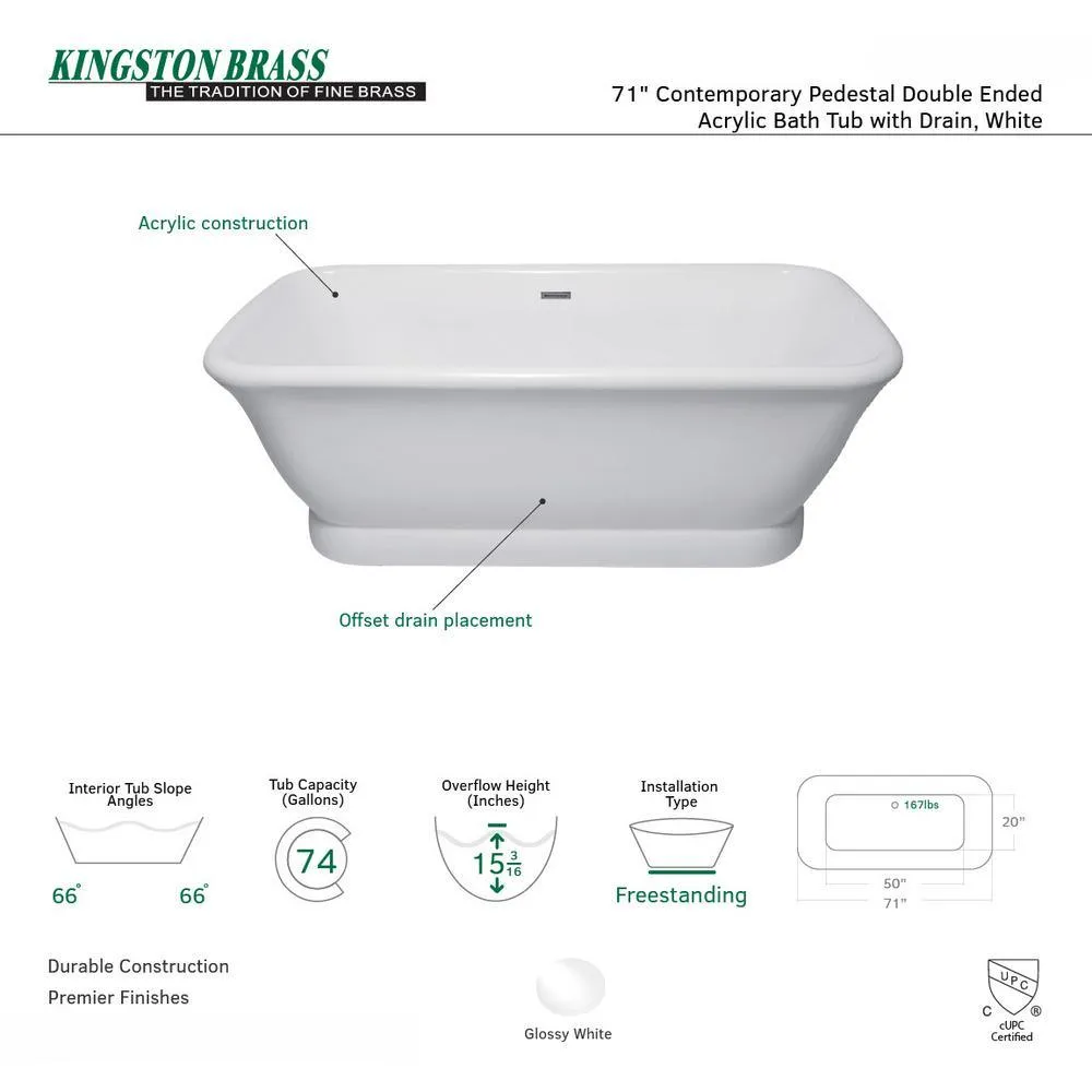 Large Modern 71 in. Acrylic Center Drain Double Ended Flatbottom Non-Whirlpool Freestanding Bathtub in White, photo 5 of 5