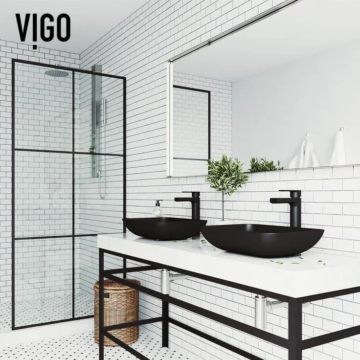 VIGO Sottile Glass Vessel Bathroom Sink in Black with Amada Faucet in Matte Black, photo 2 of 10