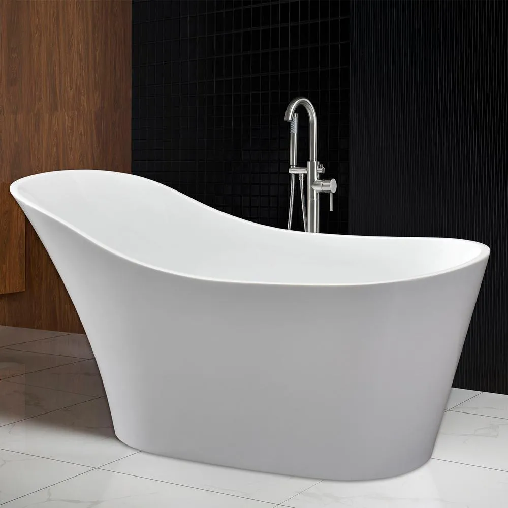 WOODBRIDGE Bradbury 59 in. Acrylic Freestanding Single Slipper Soaking Bathtub with Drain & Overflow Included, White, photo 3 of 16
