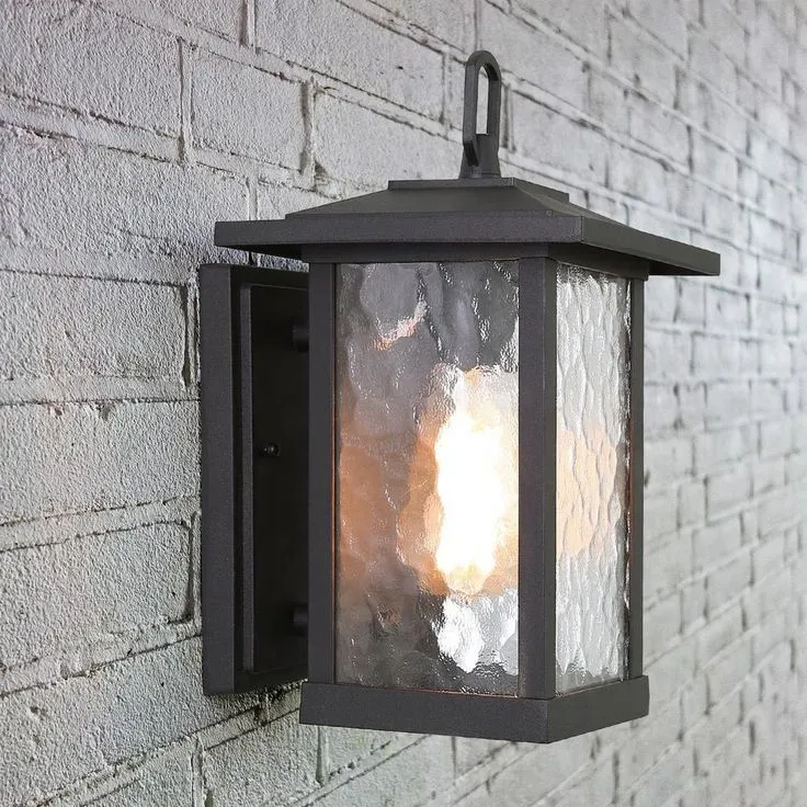 1-Light Transitional Outdoor Wall Light Lantern Sconce with Watered Glass Matt Black Coach Light LED Compatible, photo 6 of 17