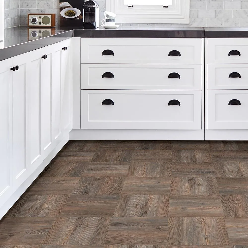 FloorPops Knotting Hill 12 in. W x 12 in. L Peel and Stick Floor Vinyl Tiles, Dark Brown Wood Look (20 Tiles, 20 sq. ft./Case), photo 3 of 8
