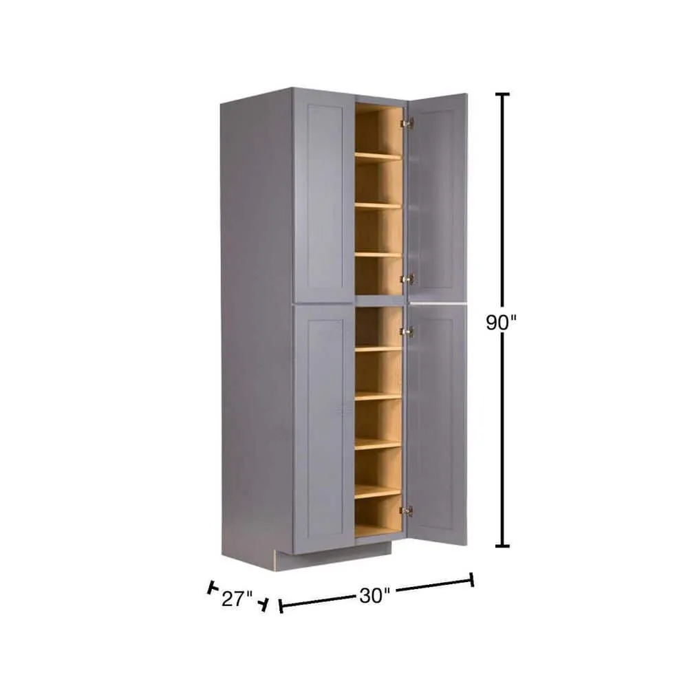 LIFEART CABINETRY Lancaster Gray Plywood Shaker Stock Assembled Tall Pantry Kitchen Cabinet 30 in. W x 90 in. H x 27 in. D, photo 2 of 6