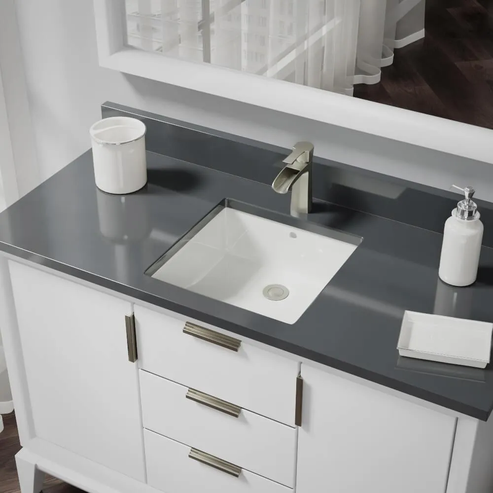 Undermount Porcelain Bathroom Sink in White with Pop-Up Drain in Brushed Nickel, photo 8 of 8