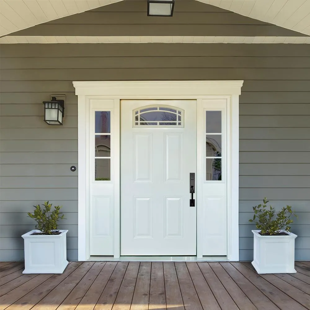 Steves & Sons 68 in. x 80 in. Camber Top White Left-Hand 14 in. 3-Lite Sidelites Primed Steel Prehung Front Door with 4-9/16 in. Frame, photo 2 of 9