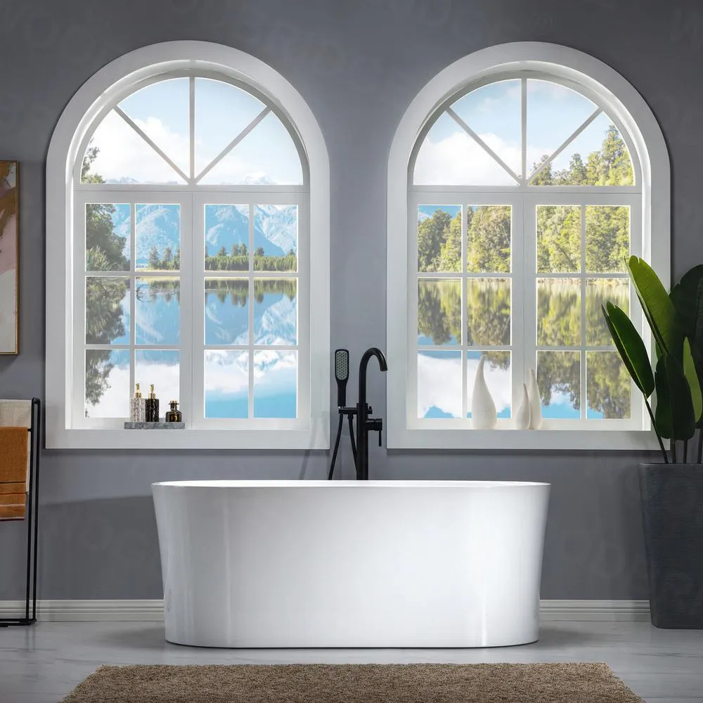 WOODBRIDGE Tion 59 in. Acrylic Freestanding Double-Ended Air Bath Bathtub with Chrome Drain and Overflow, White, photo 15 of 18
