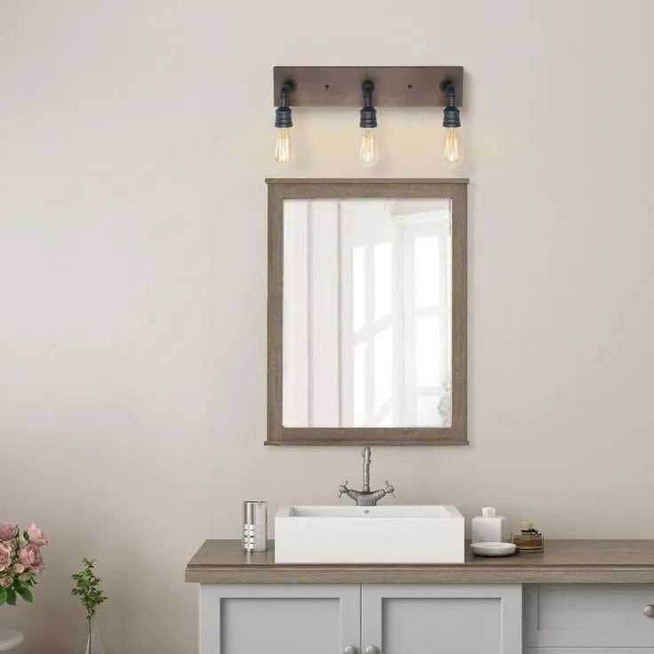 LNC Wayner 3-Light Black Farmhouse Bath Vanity Light Water Pipe Wall Sconce with Painted Chesnut Wood Accent LED Compatible, photo 10 of 11
