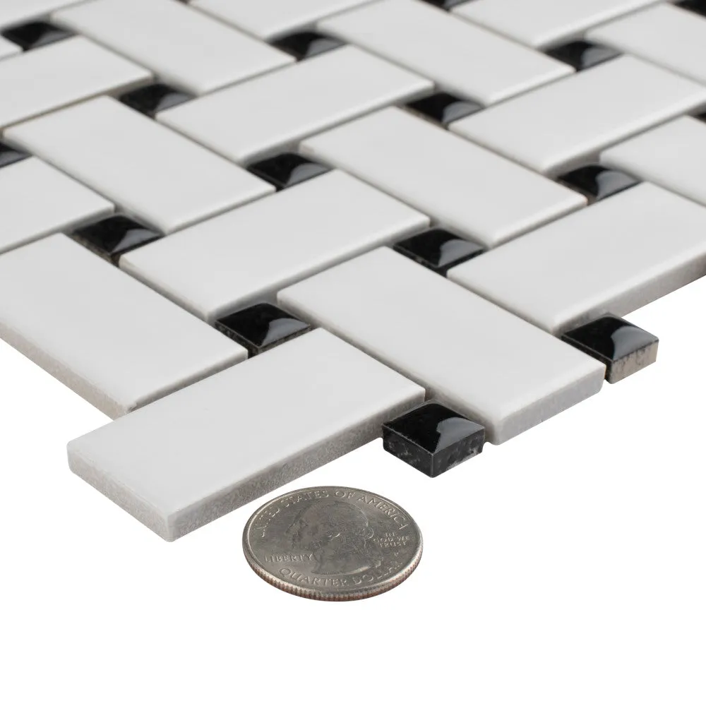 Merola Tile Metro Basketweave White w/Black Dot 11-3/4 in. x 11-3/4 in. Porcelain Mosaic Tile (9.8 sq. ft./Case), photo 5 of 9