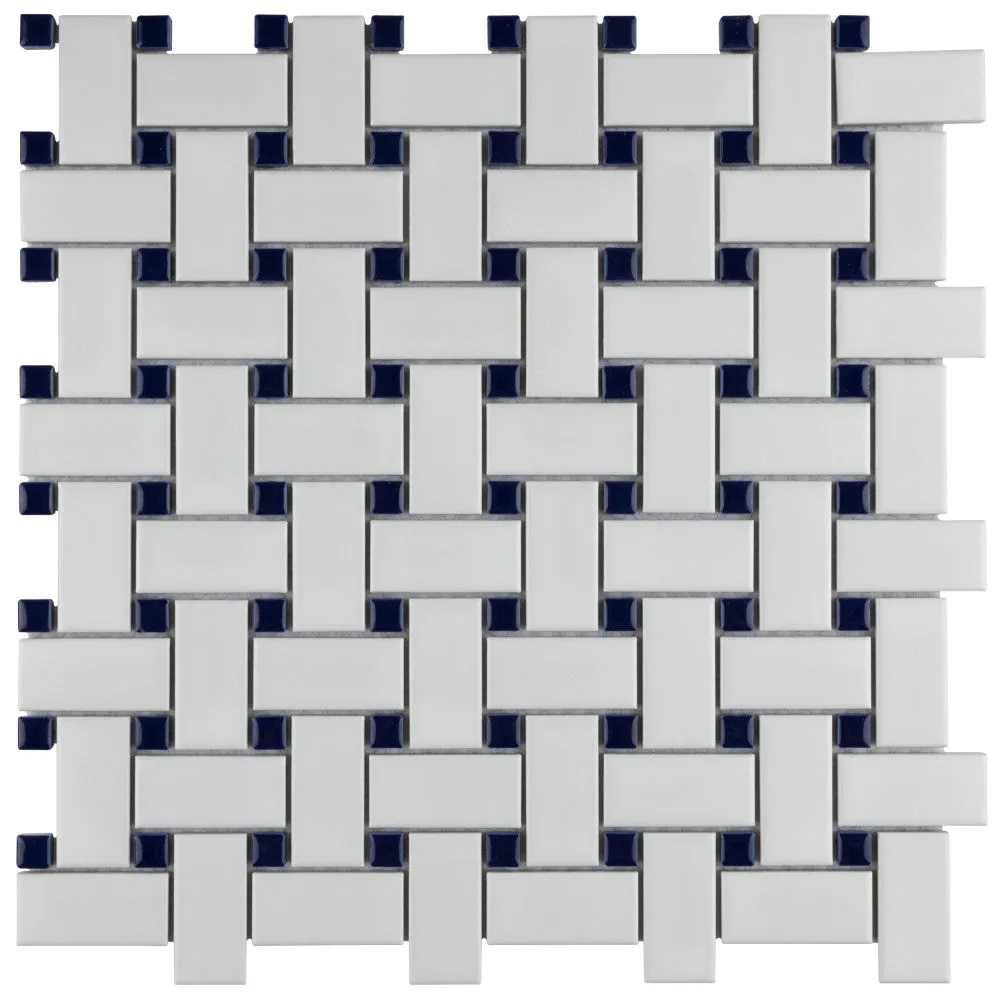 Merola Tile Metro Basketweave Matte White with Cobalt Dot 11-3/4 in. x 11-3/4 in. Porcelain Mosaic Tile (19.58 sq. ft./Case), photo 2 of 8