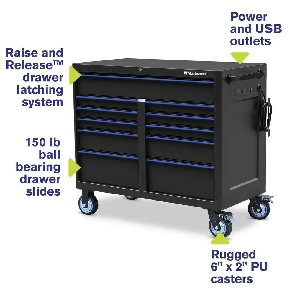 Montezuma 46 in. x 24 in. 11-Drawer Roller Cabinet Tool Chest with Power and USB Outlets in Black and Blue, photo 2 of 11