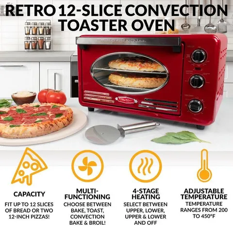 Retro 1500 W 12-Slice Retro Red Convection Toaster Oven with Built in Timer