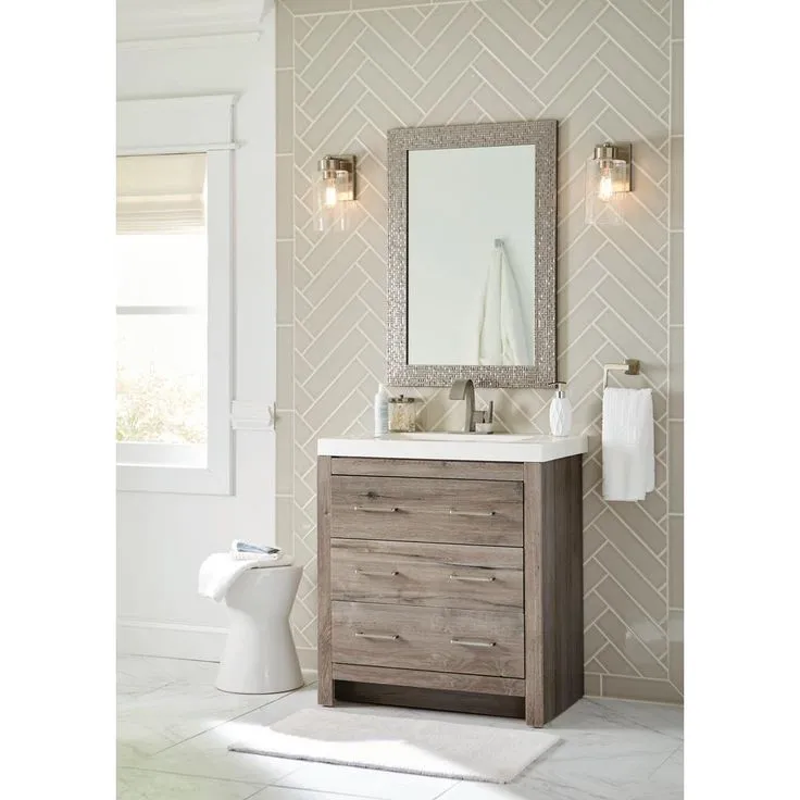 Woodbrook 31 in. W x 19 in. D Bath Vanity in White Washed Oak with Cultured Marble Vanity Top in White with White Sink, photo 3 of 11