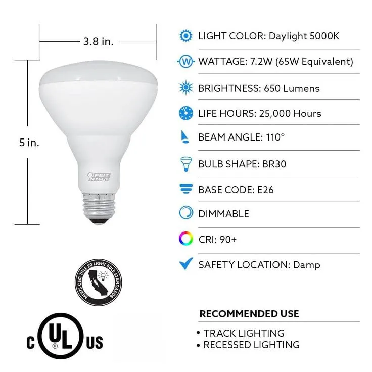 Feit Electric 65-Watt Equivalent BR30 Dimmable CEC Title 20 Compliant LED ENERGY STAR 90+ CRI Flood Light Bulb, Daylight (3-Pack), photo 4 of 9