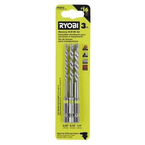 Impact Rated Masonry Drill Bit Set (3-Piece) – 5/32", 3/16", 1/4"