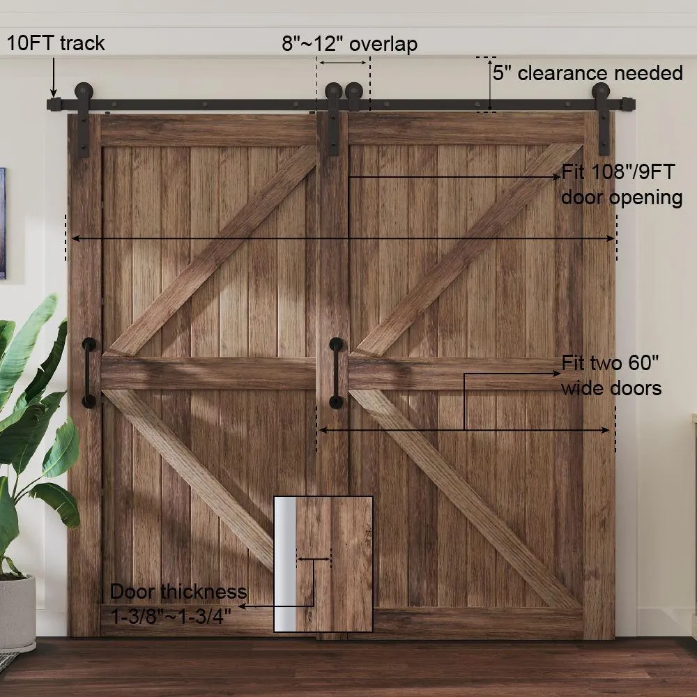 WINSOON 10 ft./120 in. Single Track Bypass Sliding Barn Door Hardware Kit for Double Doors Low Ceiling, photo 5 of 7