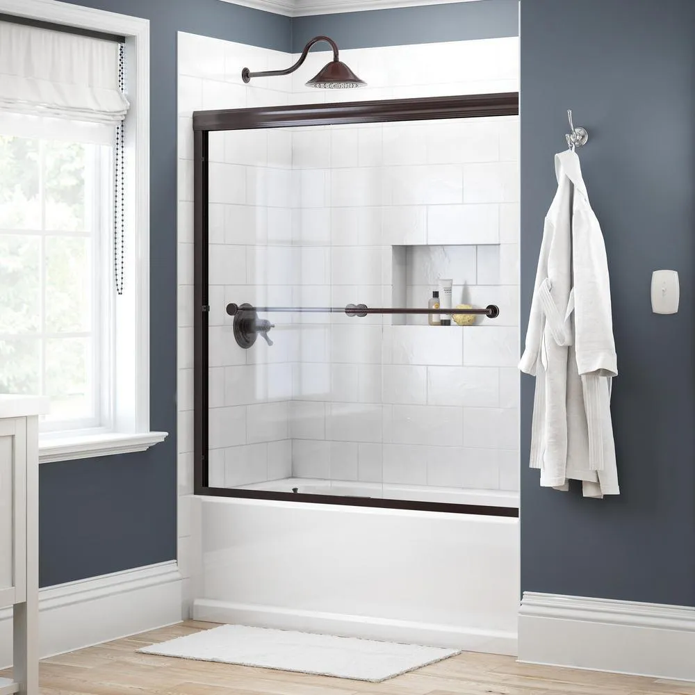 Crestfield 60 in. x 58-1/8 in. Semi-Frameless Traditional Sliding Bathtub Door in Bronze with Transition Glass, photo 39 of 67