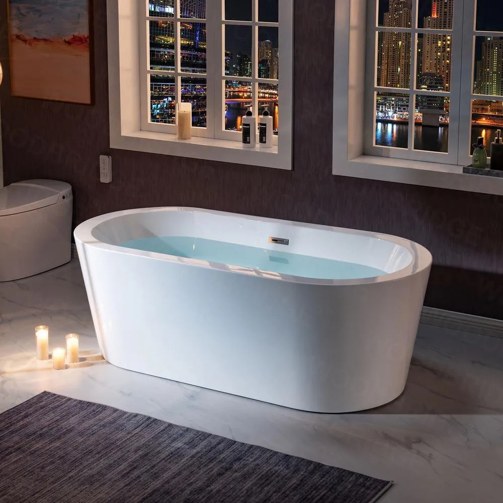 WOODBRIDGE Vienna 66 in. Acrylic Freestanding Double-Ended Soaking Bathtub with Drain and Overflow Included in White, photo 3 of 22