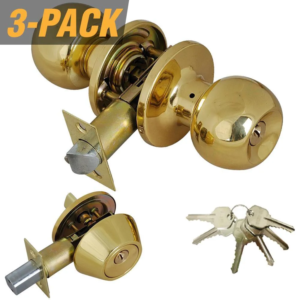 Stainless Steel Entry Door Knob Combo Lock Set with Deadbolt and 18 Keys Total, (3-Pack, Keyed Alike), photo 4 of 6