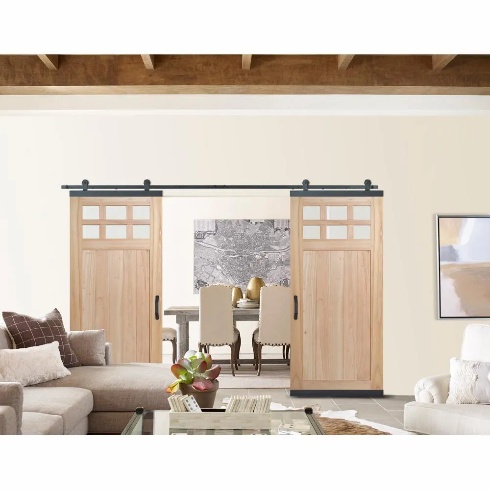 JELD-WEN 36 in. x 80 in. DesignGlide Farmhouse Unfinished Solid Wood 6-Lite Obscure Glass Sliding Barn Door & Black Hardware Kit, photo 3 of 10