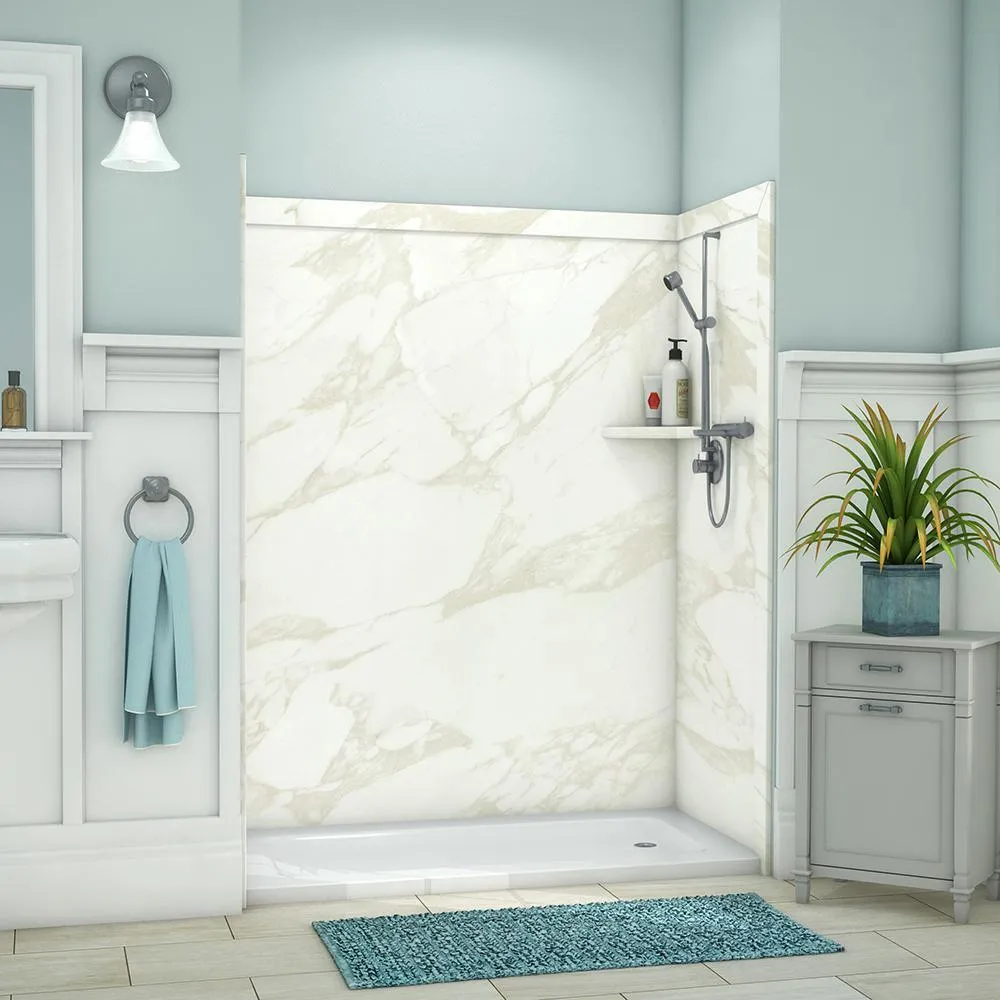 FlexStone Royale 36 in. x 60 in. x 80 in. 11-Piece Easy Up Adhesive Alcove Bathtub/Shower Wall Surround in Calacatta White, photo 24 of 26