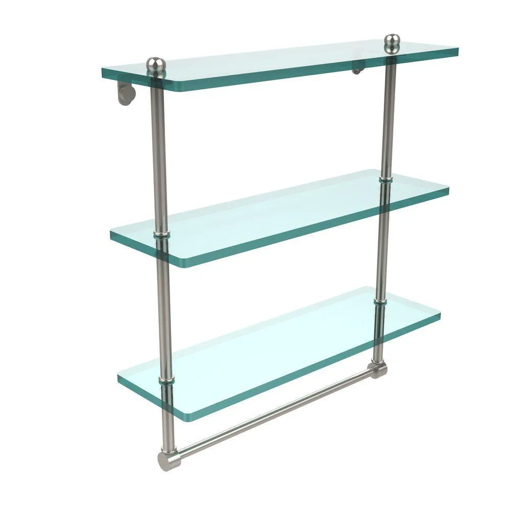 Allied Brass 16 in. L x 18 in. H x 5 in. W 3-Tier Clear Glass Bathroom Shelf with Towel Bar in Satin Nickel, photo 2 of 14