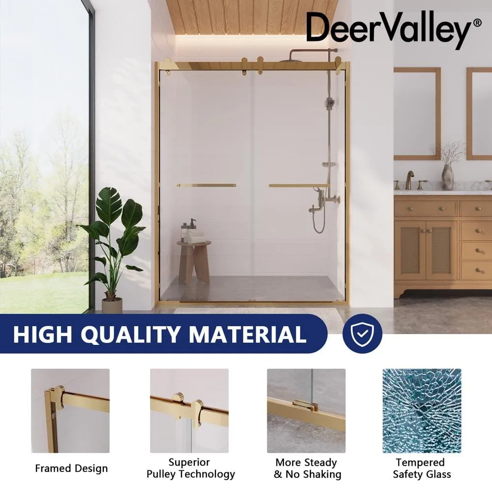 DEERVALLEY 60 in. W x 76 in. H Double Sliding Framed Shower Door in Brushed Gold with 3/8 in. (10 mm) Clear Glass, photo 10 of 14