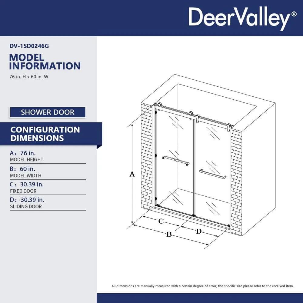 DEERVALLEY 60 in. W x 76 in. H Double Sliding Framed Shower Door in Brushed Gold with 3/8 in. (10 mm) Clear Glass, photo 3 of 14