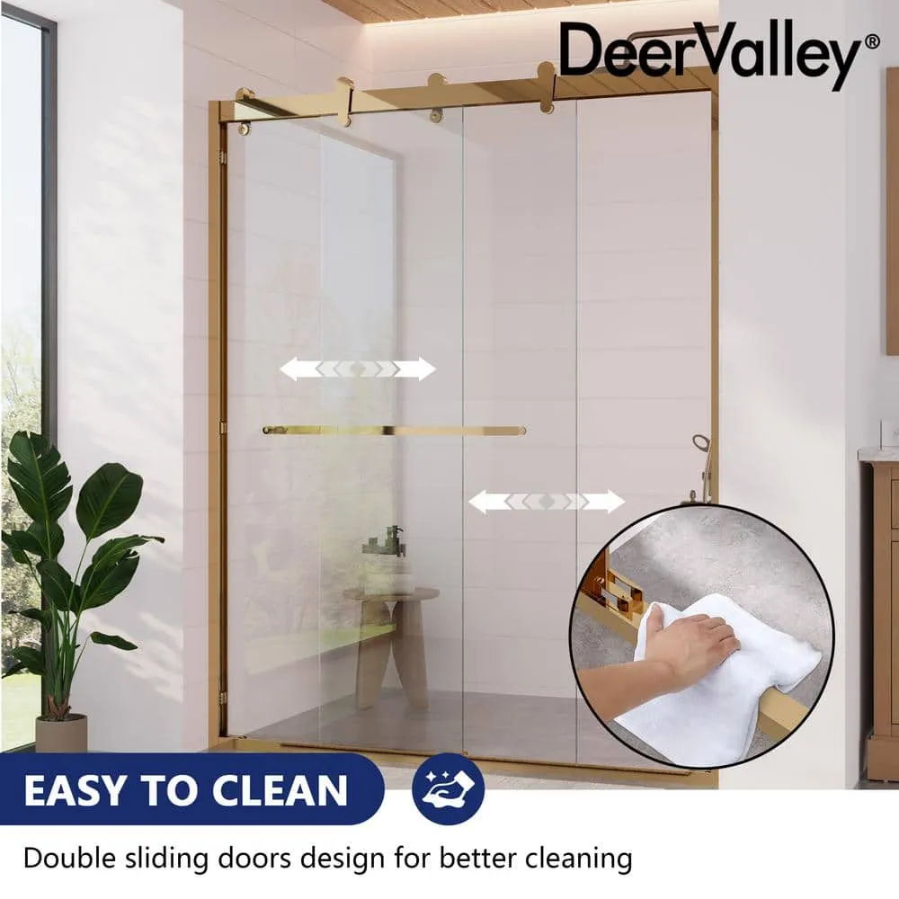 DEERVALLEY 60 in. W x 76 in. H Double Sliding Framed Shower Door in Brushed Gold with 3/8 in. (10 mm) Clear Glass, photo 6 of 14
